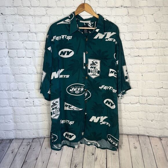 New York Jets All Over Print Rayon Button Front Logo NFL Green Size 3XL Mens - Picture 1 of 7